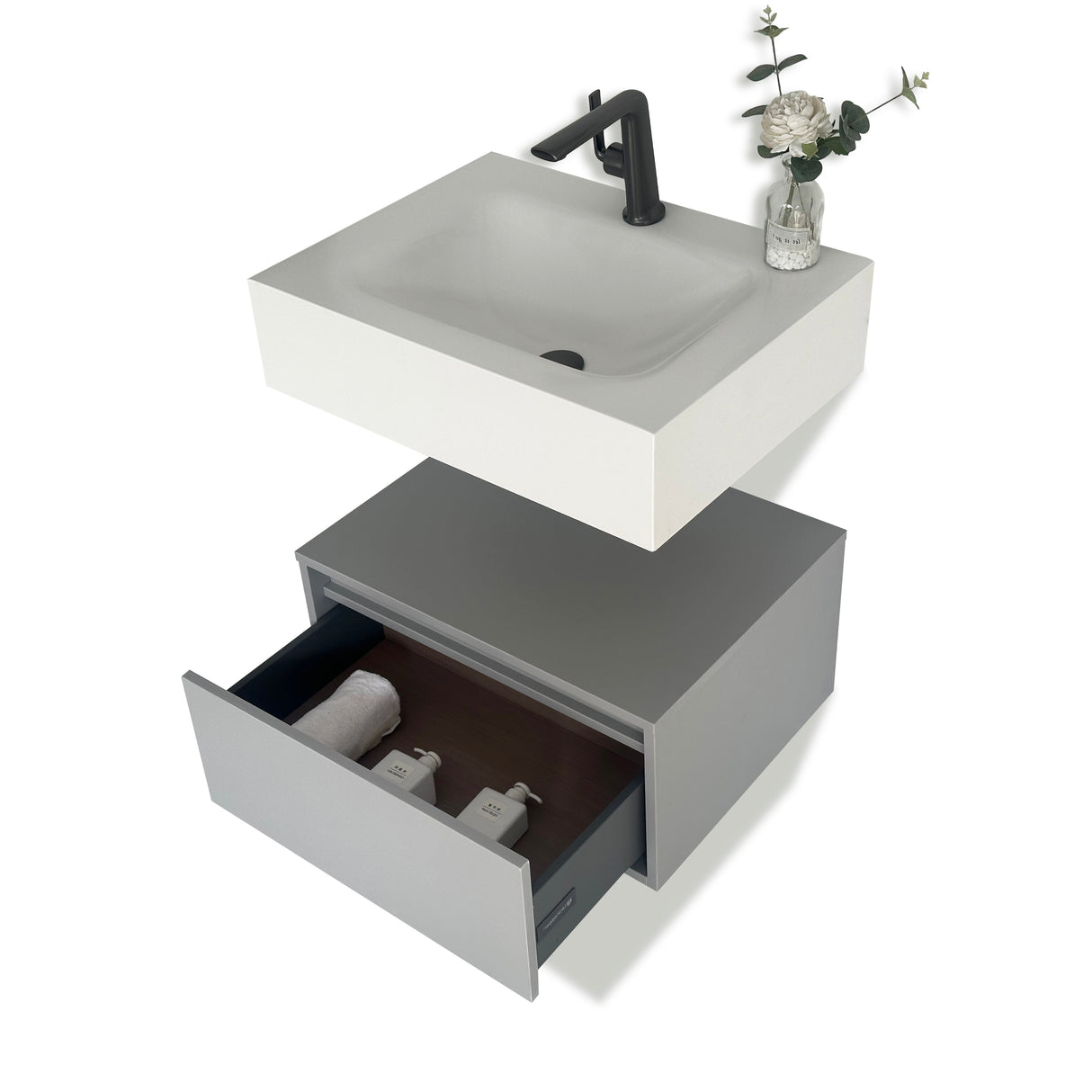 Cindy Dove grey floating wall hung vanity 600mm with white stone basin