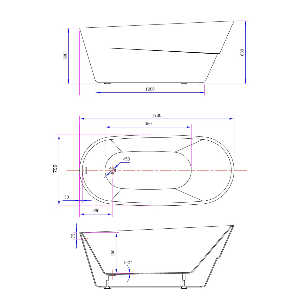 OVO Freestanding Bathtub White 1700MM