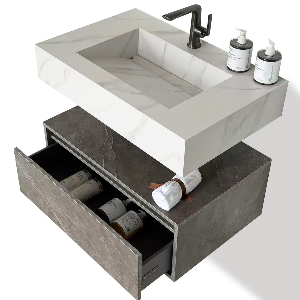 Camilla marble veined grey floating wall hung vanity 800mm