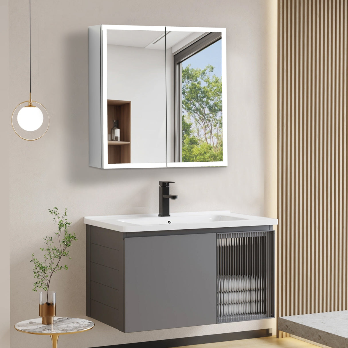 Yora vertical alaminum front lit mirror cabinet double door 600mm x 700mm