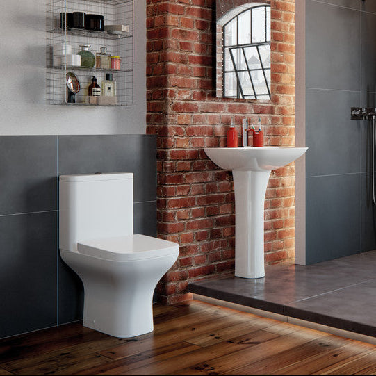 Cedarwood Rimless Short Projection Close Coupled Open Back WC & Wrapover Soft Close Seat