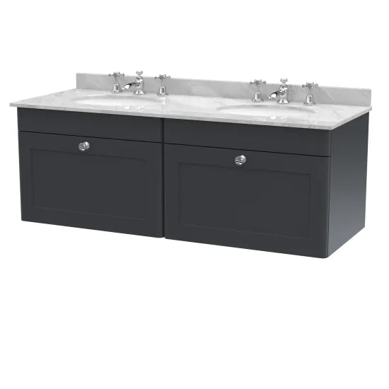 nuie Classique 1200mm 2 Drawer Wall Hung Vanity Unit With 6 Tap Hole Marble Basin