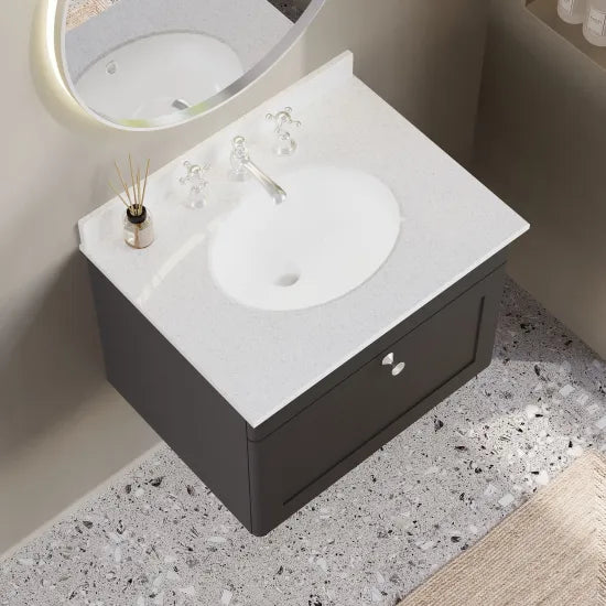 nuie Classique 1 Drawer Wall Hung Vanity Unit With 3 Tap Hole Marble Basin