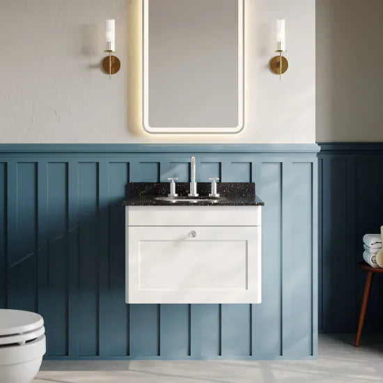 nuie Classique 1 Drawer Wall Hung Vanity Unit With 3 Tap Hole Marble Basin