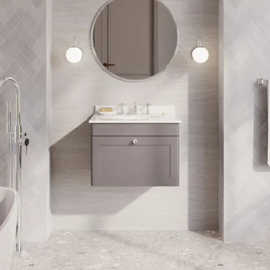 nuie Classique 1 Drawer Wall Hung Vanity Unit With 3 Tap Hole Marble Basin
