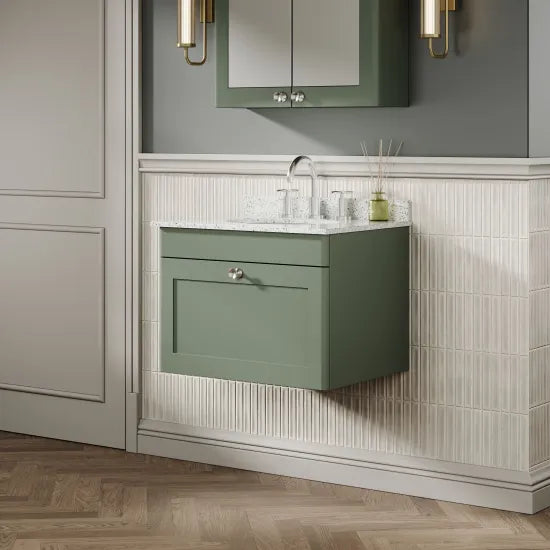 nuie Classique 1 Drawer Wall Hung Vanity Unit With 3 Tap Hole Marble Basin
