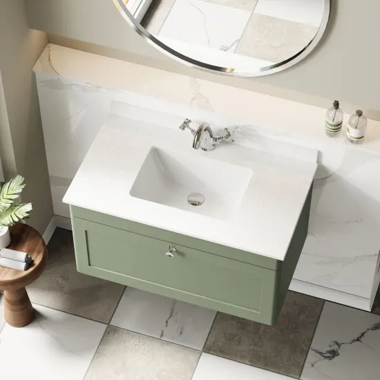nuie Classique 1 Drawer Wall Hung Vanity Unit With 1 Tap Hole Marble Basin