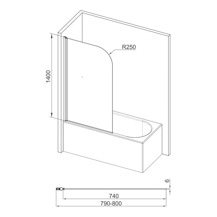 800x1400mm Radius Bath Screen (6mm) - Chrome