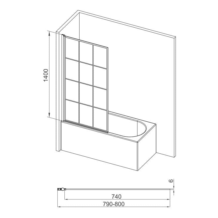 800x1400mm Square Grid Bath Screen (6mm) - Matt Black
