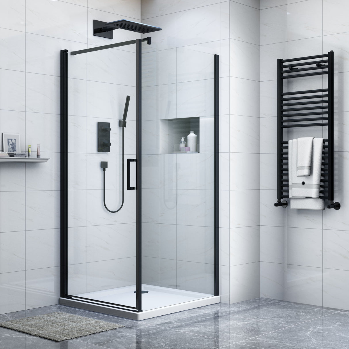 Marino Pivot Door Shower Enclosure Matte Black 900 x 900