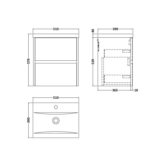 nuie Havana Autumn Oak 2 Drawer Wall Hung Vanity Unit With Mid-Edge Basin