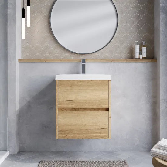 nuie Havana Autumn Oak 2 Drawer Wall Hung Vanity Unit With Mid-Edge Basin
