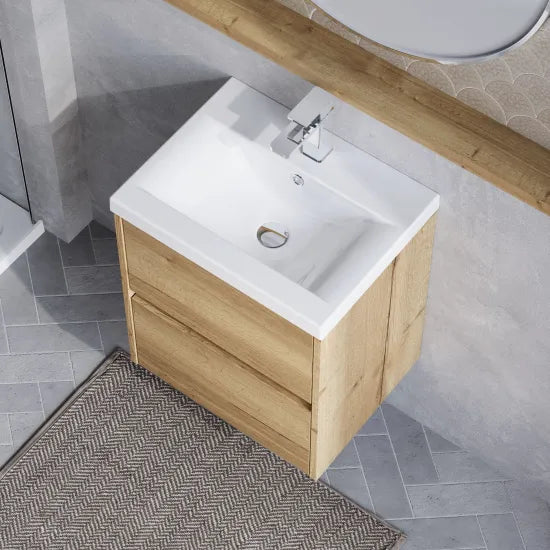 nuie Havana Autumn Oak 2 Drawer Wall Hung Vanity Unit With Mid-Edge Basin