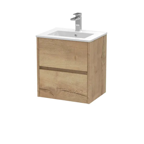 nuie Havana Autumn Oak 2 Drawer Wall Hung Vanity Unit With Minimalist Basin