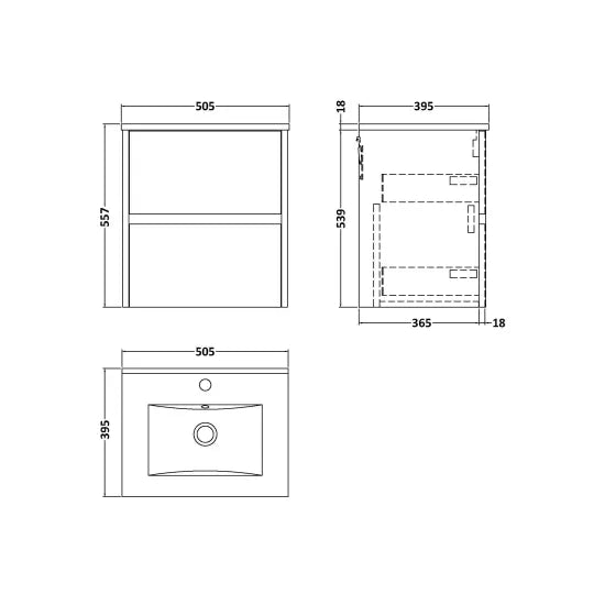 nuie Havana Autumn Oak 2 Drawer Wall Hung Vanity Unit With Minimalist Basin
