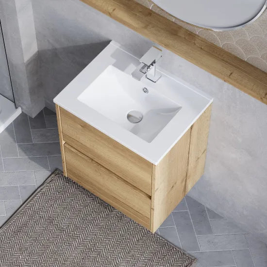 nuie Havana Autumn Oak 2 Drawer Wall Hung Vanity Unit With Minimalist Basin