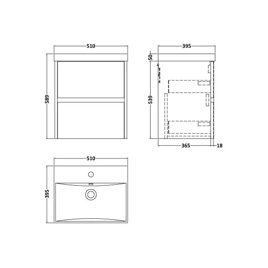 nuie Havana Autumn Oak 2 Drawer Wall Hung Vanity Unit With Thin Edge Basin