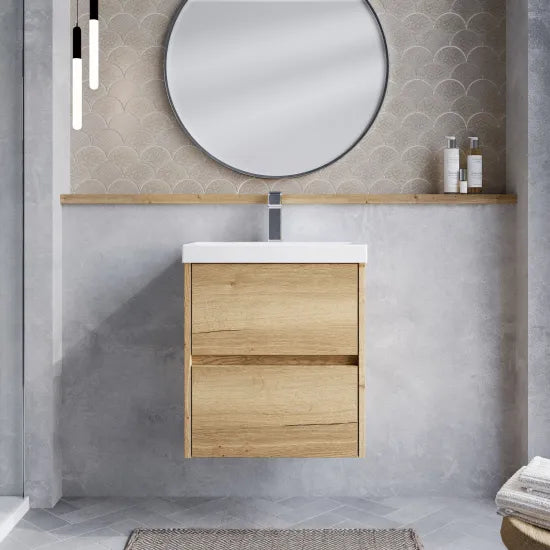 nuie Havana Autumn Oak 2 Drawer Wall Hung Vanity Unit With Thin Edge Basin