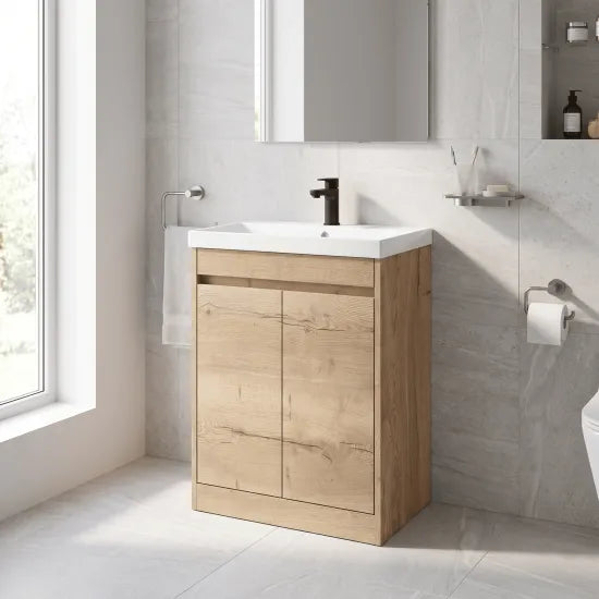 nuie Havana Autumn Oak 2 Door Floor Standing Vanity Unit With Thin-Edge Basin