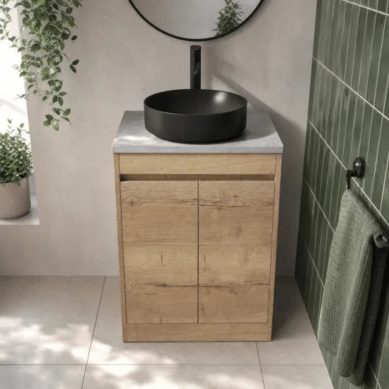nuie Havana 600mm Autumn Oak 2 Door Floor Standing Vanity Unit With Bellato Grey Worktop