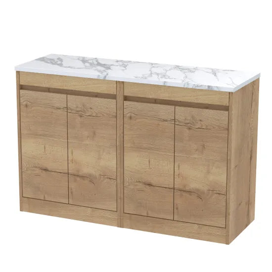 nuie Havana 1200mm Autumn Oak 4 Door Floor Standing Vanity Unit With Carrera Marble Worktop