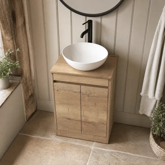nuie Havana 600mm Autumn Oak 2 Door Floor Standing Vanity Unit With Co-ordinating Worktop