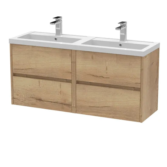 nuie Havana 1200mm Autumn Oak 4 Drawer Wall Hung Vanity Unit With 2 Tap Hole Polymarble basin