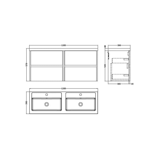 nuie Havana 1200mm Autumn Oak 4 Drawer Wall Hung Vanity Unit With 2 Tap Hole Polymarble basin