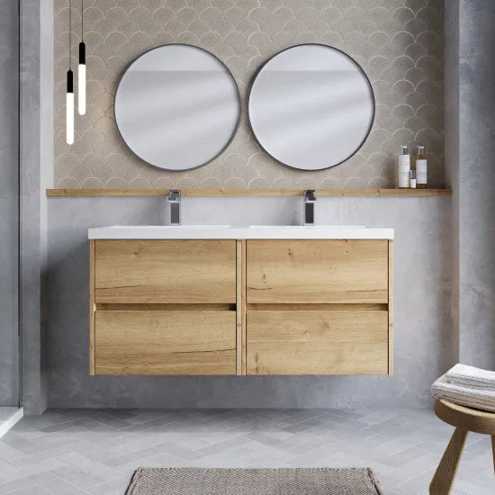 nuie Havana 1200mm Autumn Oak 4 Drawer Wall Hung Vanity Unit With 2 Tap Hole Polymarble basin