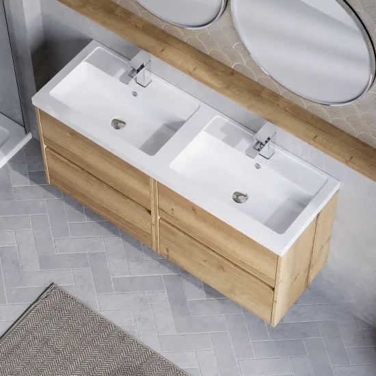 nuie Havana 1200mm Autumn Oak 4 Drawer Wall Hung Vanity Unit With 2 Tap Hole Polymarble basin