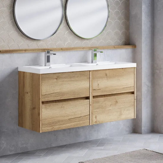 nuie Havana 1200mm Autumn Oak 4 Drawer Wall Hung Vanity Unit With 2 Tap Hole Polymarble basin