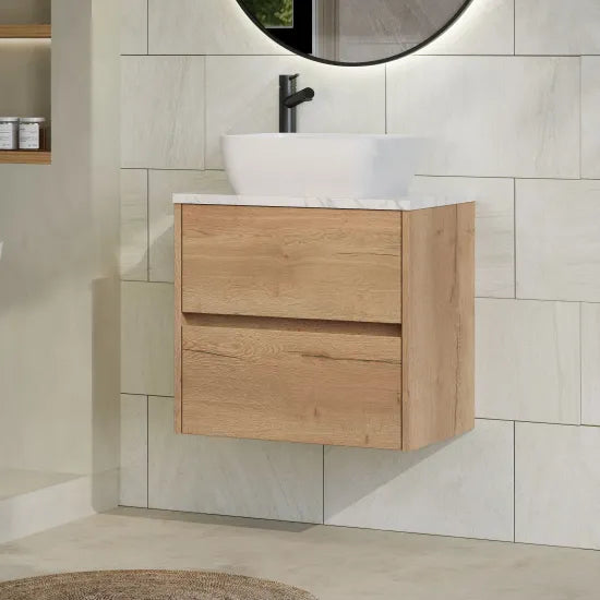 nuie Havana 600mm Autumn Oak 2 Drawer Wall Hung Vanity Unit With Carrara Laminate Worktop