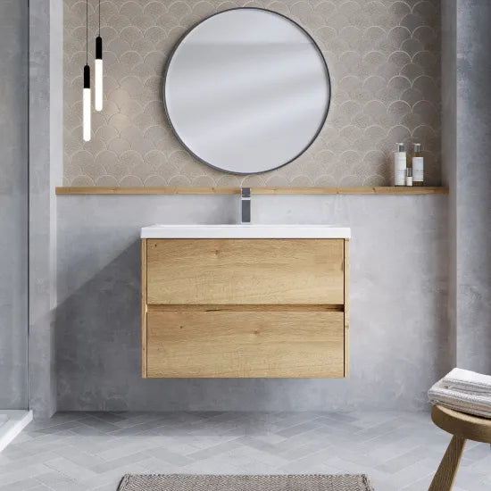 nuie Havana Autumn Oak 2 Drawer Wall Hung Vanity Unit With Mid-Edge Basin