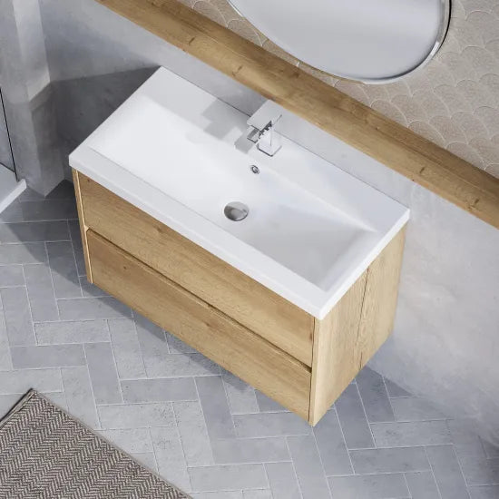 nuie Havana Autumn Oak 2 Drawer Wall Hung Vanity Unit With Mid-Edge Basin
