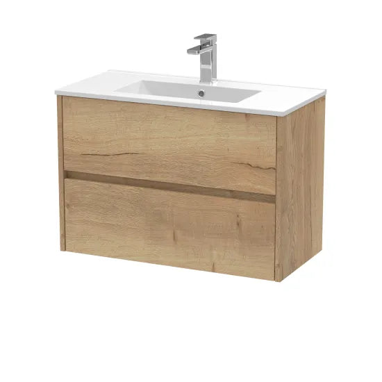 nuie Havana Autumn Oak 2 Drawer Wall Hung Vanity Unit With Minimalist Basin