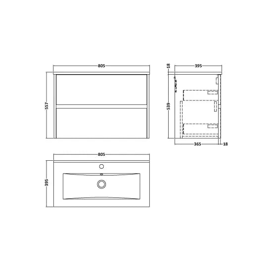 nuie Havana Autumn Oak 2 Drawer Wall Hung Vanity Unit With Minimalist Basin