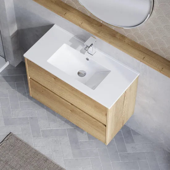 nuie Havana Autumn Oak 2 Drawer Wall Hung Vanity Unit With Minimalist Basin