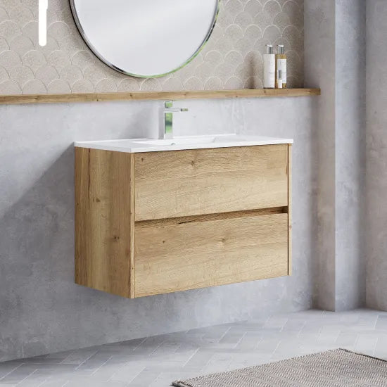 nuie Havana Autumn Oak 2 Drawer Wall Hung Vanity Unit With Minimalist Basin