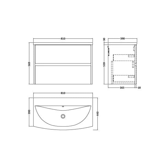 nuie Havana Autumn Oak 2 Drawer Wall Hung Vanity Unit With U-Shaped Curved Basin