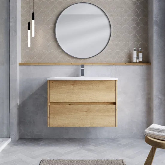 nuie Havana Autumn Oak 2 Drawer Wall Hung Vanity Unit With U-Shaped Curved Basin