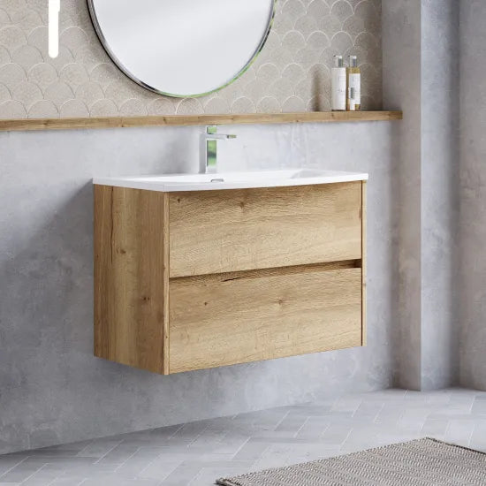 nuie Havana Autumn Oak 2 Drawer Wall Hung Vanity Unit With U-Shaped Curved Basin