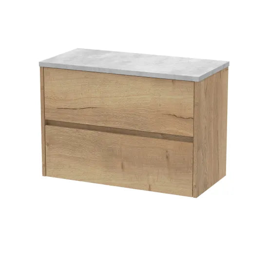nuie Havana 800mm Autumn Oak 2 Drawer Wall Hung Vanity Unit With Bellato Grey Worktop