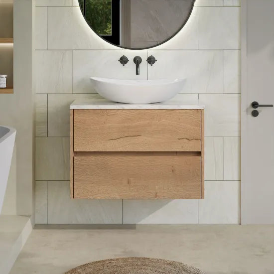 nuie Havana Autumn Oak 2 Drawer Wall Hung Vanity Unit With Carrara Laminate Worktop