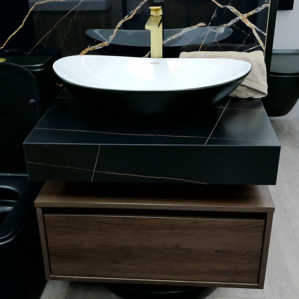 Serano black walnut floating vanity unit set inc bowl 700mm