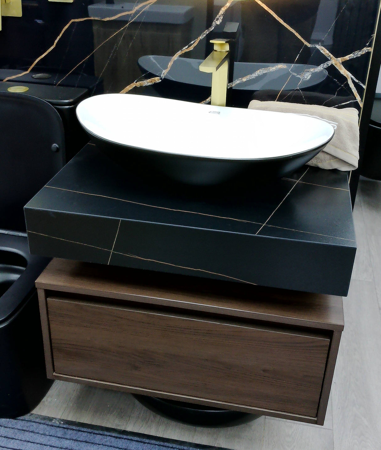 Serano black walnut floating vanity unit set inc bowl 700mm