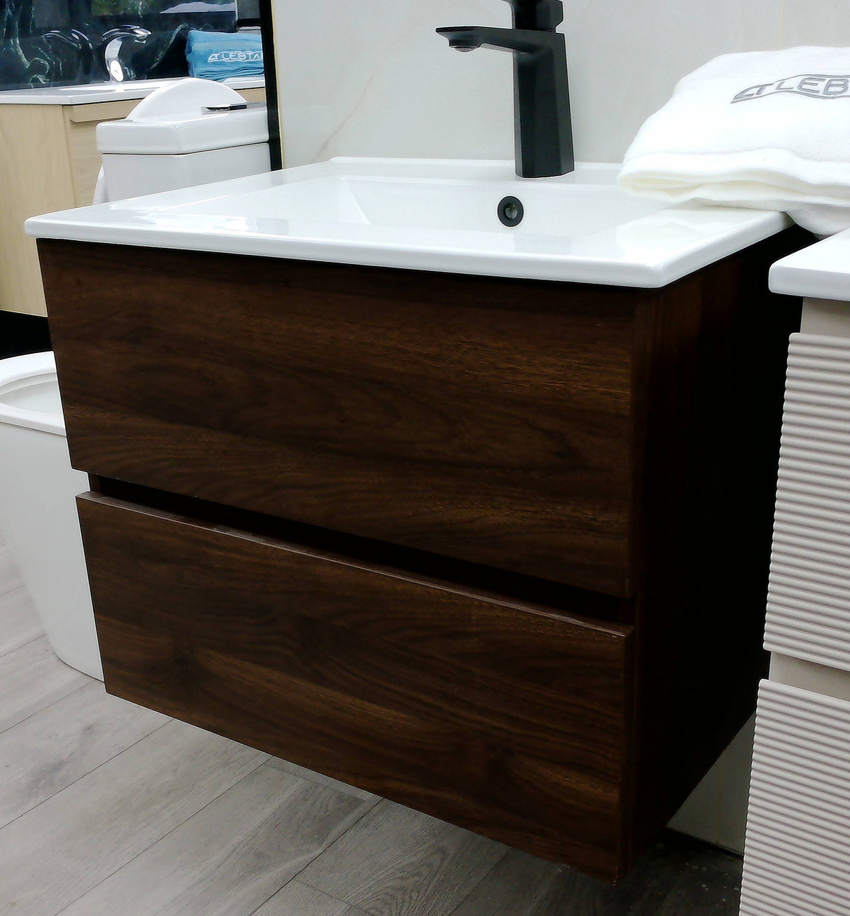 Silka walnut brown wall hung vanity unit inc basin 600mm