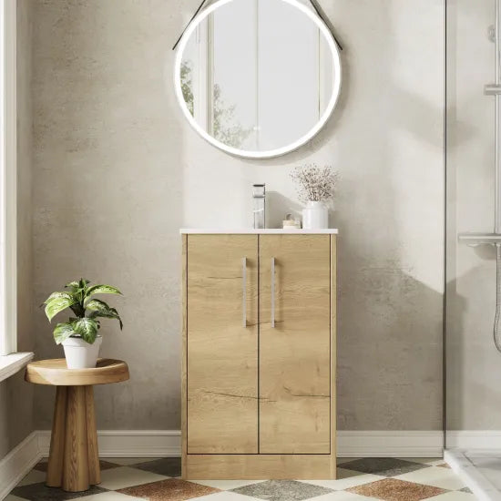 Hudson Reed Juno 500mm Autumn Oak 2 Door Floor Standing Vanity Unit With Minimalist Basin