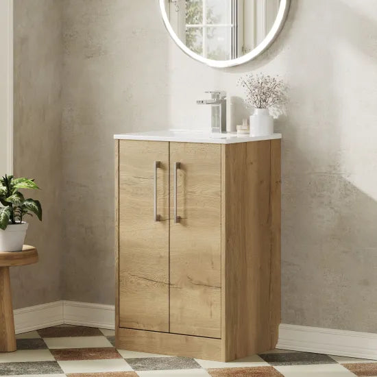 Hudson Reed Juno 500mm Autumn Oak 2 Door Floor Standing Vanity Unit With Minimalist Basin