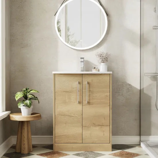 Hudson Reed Juno 600mm Autumn Oak 2 Door Floor Standing Vanity Unit With U-Shaped Curved Basin