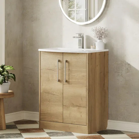 Hudson Reed Juno 600mm Autumn Oak 2 Door Floor Standing Vanity Unit With U-Shaped Curved Basin